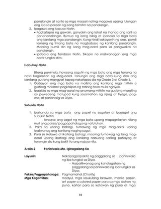94
panalangin at isa ito sa mga maaari nating magawa upang tulungan
ang iba sa paraan ng isang taimtim na panalangin.
2. Ipagawa ang Isapuso Natin.
 Pagkatapos ng gawain, ganyakin ang lahat na ihanda ang sarili sa
panananalangin. Bumuo ng isang bilog at ipabasa sa mga bata
ang kanilang mga panalangin. Kung hindi kakayanin ng oras, pumili
lamang ng limang bata na magbabasa ng kanilang panalangin.
Maaring pumili din ng isang mag-aaral para sa pangwakas na
panalangin.
 Ipabasa ang Tandaan Natin. Sikapin na maliwanagan ang mga
bata tungkol dito.
Isabuhay Natin
Bilang panimula, hayaang sagutin ng mga bata ang mga tanong na
nasa Kagamitan ng Mag-aaral. Tanungin ang mga bata kung ano ang
kanilang gustong mangyari kapag nakatapos sila ng Grade 3 at Grade 6.
1. Gabayan ang mga bata na mailista ang kanilang mga mithiin o
gustong makamit pagkalipas ng tatlong taon mula ngayon.
2. Ipaalala sa mga mag-aaral na anumang mithiin na gustong marating
ay puwedeng matupad kung sasamahan ng sipag at tiyaga, pag-
asa, at pananalig sa Diyos.
Subukin Natin
1. Ipahanda sa mga bata ang papel na sagutan at ipasagot ang
Subukin Natin.
Iproseso ang sagot ng mga bata upang mapagnilayan nilang
muli ang paksa/ pagpapahalagang natutuhan.
2. Para sa unang bahagi, tumawag ng mga mag-aaral upang
ipaliwanag ang kanilang naging sagot.
3. Para sa ikalawa at ikatlong bahagi, maaring tumawag ng ilang mag-
aaral upang ibahagi ang kanilang nabuong sariling pahayag at
tanungin sila kung bakit ito ang nabuo nila.
Aralin 2 Paniniwala Mo, Iginagalang Ko
Layunin: Nakapagpapakita ng paggalang sa paniniwala
ng iba tungkol sa Diyos
- Naipaliliwanag ang kahalagahan ng
paggalang sa paniniwala ng iba tungkol sa
Diyos
Paksa/Pagpapahalaga: Pagmamahal (Charity)
Mga Kagamitan: modyul, mga kaukulang larawan, manila paper,
art paper o colored paper para sa mga dahon ng
puno, karton para sa katawan ng puno at mga
 