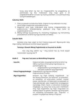 97
kung ang lahat ng tao ay magpapakita ng paggalang sa
paniniwala ng iba, maiiwasan ang mga gulo o di
pagkakaintindihan sa loob ng inyong paaralan o sa pamayanang
iyong kinabibilangan.
Isabuhay Natin
1. Para sa gawain sa Isabuhay Natin, tingnan kung nakaayos na ang
lahat bago magsimula ang palatuntunan.
2. Bagamat ang mga mag-aaral ang siyang magpapatakbo ng
palatuntunan, kinakailangang gabayan ang mga bata sa
pagtatanghal na ito.
3. Bilang bahagi ng gawaing ito, maaaring magbigay ng mensaheng
pasasalamat sa lahat ng mga dumalo at nakiisa.
Subukin Natin
Iproseso ang mga sagot sa iba’t ibang pagsusulit. Bigyang-diin ang
mga maling halimbawa na hindi dapat gayahin.
Tanong o Gawain Bilang Paghahanda sa Susunod na Aralin:
Ano ang ibig sabihin ng “ Ang bawat tao ay hindi dapat
nawawalan ng pag-asa”?
Aralin 3 Pag-asa: Susi para sa Minimithing Pangarap
Layunin: Naipamamalas ang pagmamahal sa lahat ng
nilikha ng Diyos at kanyang mga biyaya sa
pamamagitan ng:
- pagpapakita ng kahalagahan ng pag-
asa para makamit ang tagumpay
Paksa/Pagpapahalaga: Pagkakaroon ng Pag-asa (Hope)
Pagmamahal (Charity)
Mga Kagamitan: larawan ng mga batang nagdarasal sa
iba’tibang sitwasyon (sa tahanan, sa paaralan,
sa simbahan, sa evacuation center), manila
paper, pentel pen, at tape para sa ipapaskil na
mga panalangin, glue, kagamitan sa paggawa
ng badge, liham, kard, o caricature (maaaring
maglagay ng isang tray kung saan mahihiram
ang mga kagamitan ng mga mag-aaral na
walang sapat na gamit), larawan ng isang bata
na maaaring kumatawan kay “Pag-asa” o
puppet na gaganap bilang si Pag-asa
 