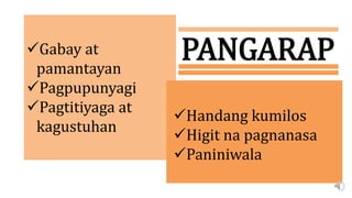 PANGARAP
Gabay at
pamantayan
Pagpupunyagi
Pagtitiyaga at
kagustuhan
Handang kumilos
Higit na pagnanasa
Paniniwala
 