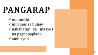 PANGARAP
minimithi
ninanais sa buhay
nakabatay sa maayos
na pagpapaplano
ambisyon
 