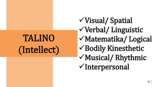 TALINO
(Intellect)
Visual/ Spatial
Verbal/ Linguistic
Matematika/ Logical
Bodily Kinesthetic
Musical/ Rhythmic
Interpersonal
 