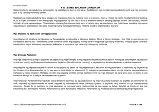 K to 12 BASIC EDUCATION CURRICULUM
K to 12 Edukasyon sa Pagpapakatao Gabay Pangkurikulum May 2016 Pahina 4 of 153
Naipamamalas ito sa pagtuturo sa pamamagitan ng pagbibigay ng tuon sa mag-aaral. Nagkakaroon siya ng mga bagong pagkatuto gamit ang mga tanong ng
guro at ng kanyang malikhaing paraan.
Nailalapat ang mga pagkatutong ito sa paggawa ng mga pasiya tulad ng kukuning kurso o propesyon. Ayon sa Teorya ng Career Development nina Ginzberg,
et. al. at Super, dumadaan sa iba’t ibang yugto ang pagpapasya ng bata ukol sa kurso o propesyon batay sa kanyang pagtingin sa sarili (self-concept), saloobin
(attitude) at mga pagpapahalaga. Tinatanggap o tinatanggihan niya ang isang kurso o trabaho batay sa obserbasyon niya (halimbawa, mga kilos ng kanyang
magulang ayon sa propesyon nito) at sa tinuturing niyang mahalaga (halimbawa, malaking sweldo o paglilingkod sa lipunan).
Mga Disiplina ng Edukasyon sa Pagpapakatao
Ang nilalaman at istraktura ng Edukasyon sa Pagpapakatao ay nakaankla sa dalawang disiplina: Ethics at Career Guidance. Ang Etika ay ang siyensya ng
moralidad ng kilos ng tao. Samantalang Career Guidance naman ang paggabay sa mag-aaral na magpasiya ng kursong akademiko, sining at isports o teknikal-
bokasyonal na tugma sa kanyang mga talento, kakayahan at aptitude at mga trabahong kailangan ng industriya.
Mga Dulog sa Pagtuturo
Ang mga pangunahing dulog na gagamitin sa pagtuturo ng mga konsepto ay ang pagpapasyang etikal (ethical decision making) sa pamamagitan ng pagsusuri
ng suliranin o isyu), ang Panlipunan–Pandamdaming Pagkatuto (Social-Emotional Learning), at pagpaplano ng kursong akademiko o teknikal-bokasyonal.
Ang paggawa ng pagpapasyang etikal o moral ay ang pagbuo ng pasiya na may preperensya sa kabutihan at magpapatingkad o maglilinang ng pagkatao ng
tao. Proseso ito na kinapapalooban ng (a) pag-alam sa mga detalye ng sitwasyon at (b) maingat na pagsasaalang-alang ng mga moral na pagpapahalaga na
mahalaga sa isang sitwasyon. Mahalaga rin dito ang pagiging sensitibo sa mga aspetong moral ng mga sitwasyon sa pang-araw-araw na buhay at ang
kamalayan sa mga tao o pangkat na maaapektuhan ng pasiya.
Ang Panlipunan–Pandamdaming Pagkatuto (Social-Emotional Learning) ay ang pagkakaroon ng mga kakayahang kailangan sa pagkilala at pamamahala ng
sarili, paglinang ng pagmamalasakit sa kapwa, paggawa ng mapanagutang pasiya, pakikipag-ugnayan, at pagharap nang epektibo sa mga mapanghamong
sitwasyon. Paraan ito ng paglinang ng mga kakayahan ng mag-aaral upang magtagumpay sa mga gawain sa buhay. Nahahati sa limang uri ang mga
kakayahang ito: Kamalayang Pansarili, Pamamahala ng Sarili, Kamalayang Panlipunan, Pamamahala ng Pakikipag-ugnayan at Mapanagutang Pagpapasiya.
Educational Projams
 