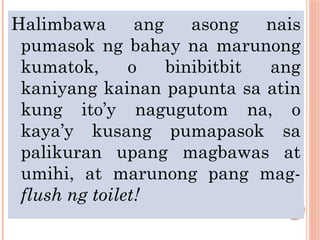 Halimbawa ang asong nais
pumasok ng bahay na marunong
kumatok, o binibitbit ang
kaniyang kainan papunta sa atin
kung ito’y nagugutom na, o
kaya’y kusang pumapasok sa
palikuran upang magbawas at
umihi, at marunong pang mag-
flush ng toilet!
 