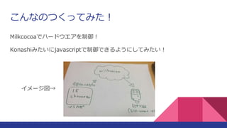 こんなのつくってみた！
Milkcocoaでハードウエアを制御！
Konashiみたいにjavascriptで制御できるようにしてみたい！
イメージ図→
 