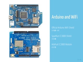 8 / 44
Arduino and WiFi
Official Arduino WiFi Shield
EUR 69 + VAT
Sparkfun CC3000 Shield
USD 40
Adafruit CC3000 Module
USD 35
 