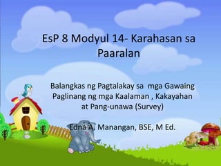EsP 8 Modyul 14- Karahasan sa
Paaralan
Balangkas ng Pagtalakay sa mga Gawaing
Paglinang ng mga Kaalaman , Kakayahan
at Pang-unawa (Survey)
Edna A. Manangan, BSE, M Ed.
 
