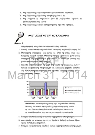 DRAFT
March 31, 2014
a. Ang paggawa ay paggawa para sa kapwa at kasama ang kapwa.
b. Ang paggawa ay paggawa ng isang bagay para sa iba.
c. Ang paggawa ay nagbubukas para sa pagpapalitan, ugnayan at
pakikisangkot sa ating kapwa.
d. Ang paggawa ay pagkilala sa kagalingan ng mga likha ng kapwa.
PAGTUKLAS NG DATING KAALAMAN
Gawain 1
1. Magsagawa ng isang maliit na survey sa loob ng paaralan.
2. Itanong sa mga kapwa mag-aaral: Bakit kailangang maghanapbuhay ng tao?
3. Mahalagang maisagawa ang survey sa lahat ng antas, mula una
hanggang ikaapat na taon. Maaaring makipag-ugnayan sa guro upang
maisagawa ang pagpapangkat para matiyak na maitutuon lamang ang
pansin sa isang antas bawat pangkat.
4. Ipakikita sa pamamagitan ng graph ang resulta ng isinagawang survey
kalakip ang pasalitang interpretasyon nito. Kailangang pagsama-samahin
ang makukuhang resulta para sa lahat ng antas. Maaaring gamiting gabay
ang halimbawa sa ibaba.
Halimbawa: Malaking bahagdan ng mga mag-aaral sa ikatlong
taon ang nakikita na ang layunin ng paggawa ay upang kumita
ng pera. Samantalang pinakamaliit na bahagdan naman mula
sa una at ikaapat na taon ang mayroong ganitong paniniwala.
5. Batay sa resulta ng survey ay bumuoo ng paglalahat o kongklusyon.
6. Ang resulta ng ginawang survey ay kanilang ibahagi sa buong klase
upang makabuo ng paglalahat.
7. Batay sa pangkalahatang resulta ay bumuo ng pangkalahatang kongklusyon.
 