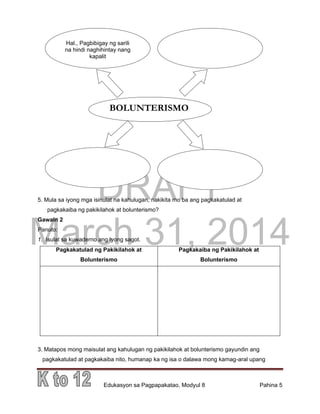 DRAFT
March 31, 2014
Edukasyon sa Pagpapakatao, Modyul 8 Pahina 5
5. Mula sa iyong mga isinulat na kahulugan, nakikita mo ba ang pagkakatulad at
pagkakaiba ng pakikilahok at bolunterismo?
Gawain 2
Panuto:
1. Isulat sa kuwaderno ang iyong sagot.
Pagkakatulad ng Pakikilahok at
Bolunterismo
Pagkakaiba ng Pakikilahok at
Bolunterismo
3. Matapos mong maisulat ang kahulugan ng pakikilahok at bolunterismo gayundin ang
pagkakatulad at pagkakaiba nito, humanap ka ng isa o dalawa mong kamag-aral upang
Hal., Pagbibigay ng sarili
na hindi naghihintay nang
kapalit
BOLUNTERISMO
 