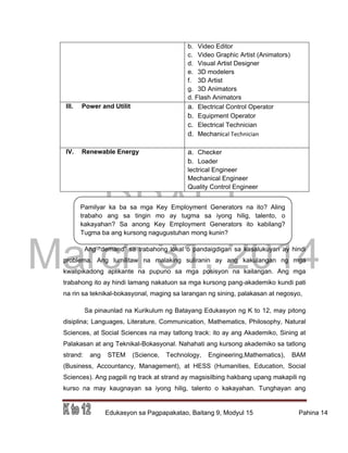DRAFT
March 31, 2014
Edukasyon sa Pagpapakatao, Baitang 9, Modyul 15 Pahina 14
Pamilyar ka ba sa mga Key Employment Generators na ito? Aling
trabaho ang sa tingin mo ay tugma sa iyong hilig, talento, o
kakayahan? Sa anong Key Employment Generators ito kabilang?
Tugma ba ang kursong nagugustuhan mong kunin?
b. Video Editor
c. Video Graphic Artist (Animators)
d. Visual Artist Designer
e. 3D modelers
f. 3D Artist
g. 3D Animators
d. Flash Animators
III. Power and Utilit a. Electrical Control Operator
b. Equipment Operator
c. Electrical Technician
d. Mechanical Technician
IV. Renewable Energy a. Checker
b. Loader
lectrical Engineer
Mechanical Engineer
Quality Control Engineer
Ang “demand” sa trabahong lokal o pandaigdigan sa kasalukuyan ay hindi
problema. Ang lumilitaw na malaking suliranin ay ang kakulangan ng mga
kwalipikadong aplikante na pupuno sa mga posisyon na kailangan. Ang mga
trabahong ito ay hindi lamang nakatuon sa mga kursong pang-akademiko kundi pati
na rin sa teknikal-bokasyonal, maging sa larangan ng sining, palakasan at negosyo,
Sa pinaunlad na Kurikulum ng Batayang Edukasyon ng K to 12, may pitong
disiplina; Languages, Literature, Communication, Mathematics, Philosophy, Natural
Sciences, at Social Sciences na may tatlong track: ito ay ang Akademiko, Sining at
Palakasan at ang Teknikal-Bokasyonal. Nahahati ang kursong akademiko sa tatlong
strand: ang STEM (Science, Technology, Engineering,Mathematics), BAM
(Business, Accountancy, Management), at HESS (Humanities, Education, Social
Sciences). Ang pagpili ng track at strand ay magsisilbing hakbang upang makapili ng
kurso na may kaugnayan sa iyong hilig, talento o kakayahan. Tunghayan ang
 