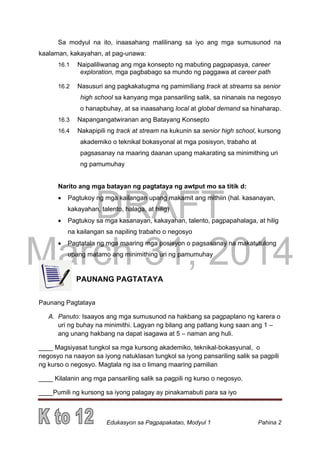 DRAFT
March 31, 2014
Edukasyon sa Pagpapakatao, Modyul 1 Pahina 2
Sa modyul na ito, inaasahang malilinang sa iyo ang mga sumusunod na
kaalaman, kakayahan, at pag-unawa:
16.1 Naipaliliwanag ang mga konsepto ng mabuting pagpapasya, career
exploration, mga pagbabago sa mundo ng paggawa at career path
16.2 Nasusuri ang pagkakatugma ng pamimiliang track at streams sa senior
high school sa kanyang mga pansariling salik, sa ninanais na negosyo
o hanapbuhay, at sa inaasahang local at global demand sa hinaharap.
16.3 Napangangatwiranan ang Batayang Konsepto
16.4 Nakapipili ng track at stream na kukunin sa senior high school, kursong
akademiko o teknikal bokasyonal at mga posisyon, trabaho at
pagsasanay na maaring daanan upang makarating sa minimithing uri
ng pamumuhay
Narito ang mga batayan ng pagtataya ng awtput mo sa titik d:
 Pagtukoy ng mga kailangan upang makamit ang mithiin (hal. kasanayan,
kakayahan, talento, halaga, at hilig)
 Pagtukoy sa mga kasanayan, kakayahan, talento, pagpapahalaga, at hilig
na kailangan sa napiling trabaho o negosyo
 Pagtatala ng mga maaring mga posisyon o pagsasanay na makatutulong
upang matamo ang minimithing uri ng pamumuhay
PAUNANG PAGTATAYA
Paunang Pagtataya
A. Panuto: Isaayos ang mga sumusunod na hakbang sa pagpaplano ng karera o
uri ng buhay na minimithi. Lagyan ng bilang ang patlang kung saan ang 1 –
ang unang hakbang na dapat isagawa at 5 – naman ang huli.
____ Magsiyasat tungkol sa mga kursong akademiko, teknikal-bokasyunal, o
negosyo na naayon sa iyong natuklasan tungkol sa iyong pansariling salik sa pagpili
ng kurso o negosyo. Magtala ng isa o limang maaring pamilian
____ Kilalanin ang mga pansariling salik sa pagpili ng kurso o negosyo.
____Pumili ng kursong sa iyong palagay ay pinakamabuti para sa iyo
 
