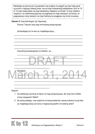 DRAFT
March 31, 2014
Edukasyon sa Pagpapakatao, Modyul 1 Pahina 6
Mahalaga sa pamunuan ng paaralan ang angkop na pagpili ng mga mag-aaral
ng kurso o negosyo balang araw. Isa sa mga inaasahang kalalabasan ng K to 12
to 12 ang maipamalas ng mga kabataang nagtapos sa Grade 10 ang matalino,
mapanuri, at malikhaing pag-iisip sa pagharap sa mga sitwasyon sa buhay; at
pagpapasya nang naaayon sa mga hakbang sa paggawa ng moral na pasya.
Gawain 2: Ang Kahulugan ng Tagumpay
Panuto: Tapusin ang mga sinimulang pangungusap:
Ipinapalagay ko na ako ay magtatagumpay…
________________________________________________________________
________________________________________________________________
________________________________________________________________
________________________________________________________________
_______________________________
Ang aking pinapangarap na trabaho ay...
______________________________________________________________
________________________________________________________________
________________________________________________________________
________________________________________________________________
_________________________________
Sapagkat…
______________________________________________________________
________________________________________________________________
________________________________________________________________
________________________________________________________________
_________________________________
Sagutin:
1. Sa dalawang naunang di tapos na mga pangungusap, alin ang mas mabilis
mong nasagutan? Bakit?
2. Sa iyong palagay, may sapat ka na bang kaalaman upang matukoy kung ikaw
ay magtatagumpay sa kurso o negosyong pipiliin mo balang araw?
 