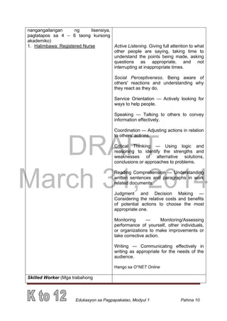 DRAFT
March 31, 2014
Edukasyon sa Pagpapakatao, Modyul 1 Pahina 10
nangangailangan ng lisensiya,
pagtatapos sa 4 – 6 taong kursong
akademiko)
1. Halimbawa: Registered Nurse Active Listening. Giving full attention to what
other people are saying, taking time to
understand the points being made, asking
questions as appropriate, and not
interrupting at inappropriate times.
Social Perceptiveness. Being aware of
others' reactions and understanding why
they react as they do.
Service Orientation — Actively looking for
ways to help people.
Speaking — Talking to others to convey
information effectively.
Coordination — Adjusting actions in relation
to others' actions.
Critical Thinking — Using logic and
reasoning to identify the strengths and
weaknesses of alternative solutions,
conclusions or approaches to problems.
Reading Comprehension — Understanding
written sentences and paragraphs in work
related documents.
Judgment and Decision Making —
Considering the relative costs and benefits
of potential actions to choose the most
appropriate one.
Monitoring — Monitoring/Assessing
performance of yourself, other individuals,
or organizations to make improvements or
take corrective action.
Writing — Communicating effectively in
writing as appropriate for the needs of the
audience.
Hango sa O*NET Online
Skilled Worker (Mga trabahong
 