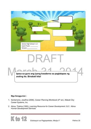 DRAFT
March 31, 2014
Edukasyon sa Pagpapakatao, Modyul 1 Pahina 35
Mga Sanggunian :
1. Santamaria, Josefina (2006), Career Planning Workbook (4th
ed.), Makati City:
Career Systems, Inc.
2. Abiva, Thelma (1993), Learning Resource for Career Development, Q.C.: Abiva
Human Development Services
Ipasa sa guro ang iyong kwaderno sa pagtatapos ng
araling ito. Binabati kita!
Senior High School –( 2
taon) Track: _________
Stream:____________
 