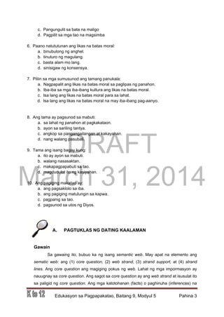 DRAFT
March 31, 2014
Edukasyon sa Pagpapakatao, Baitang 9, Modyul 5 Pahina 3
c. Pangungulit sa bata na maligo
d. Pagpilit sa mga tao na magsimba
6. Paano natututunan ang likas na batas moral:
a. binubulong ng anghel.
b. tinuturo ng magulang.
c. basta alam mo lang.
d. sinisigaw ng konsensya.
7. Piliin sa mga sumusunod ang tamang panukala:
a. Nagpapalit ang likas na batas moral sa paglipas ng panahon.
b. Iba-iba sa mga iba-ibang kultura ang likas na batas moral.
c. Isa lang ang likas na batas moral para sa lahat.
d. Isa lang ang likas na batas moral na may iba-ibang pag-aanyo.
8. Ang tama ay pagsunod sa mabuti:
a. sa lahat ng panahon at pagkakataon.
b. ayon sa sariling tantya.
c. angkop sa pangangailangan at kakayahan.
d. nang walang pasubali.
9. Tama ang isang bagay kung:
a. ito ay ayon sa mabuti.
b. walang nasasaktan.
c. makapagpapabuti sa tao.
d. magdudulot ito ng kasiyahan.
10. Ang pagiging makatao ay:
a. ang pagsaklolo sa iba.
b. ang pagiging matulungin sa kapwa.
c. pagpanig sa tao.
d. pagsunod sa utos ng Diyos.
A. PAGTUKLAS NG DATING KAALAMAN
Gawain
Sa gawaing ito, bubuo ka ng isang semantic web. May apat na elemento ang
sematic web: ang (1) core question, (2) web strand, (3) strand support, at (4) strand
lines. Ang core question ang magiging pokus ng web. Lahat ng mga impormasyon ay
nauugnay sa core question. Ang sagot sa core question ay ang web strand at isusulat ito
sa paligid ng core question. Ang mga katotohanan (facts) o paghinuha (inferences) na
 