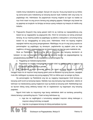 DRAFT
March 31, 2014
Edukasyon sa Pagpapakatao, Modyul 8 Pahina 12
mabilis itong makakalinis ng paligid. Ganyan din ang tao. Kung ang bawat isa ay kikilos
ng sama-sama para makatulong sa kanyang lipunan tiyak makikita natin ang tunay na
pagbabago nito. Halimbawa: Sa pagsisimula ninyong maglinis sa lugar na naatas sa
inyo hindi maari na ang pinuno lamang ang palaging gagawa. Kailangan ang bawat isa
ay gaganap sa tungkulin na ibinigay sa kanya upang matapos ng maayos at mabilis ang
trabaho.
5. Pagsuporta (Support) Ang isang gawain kahit ito ay mahirap ay napapadalikung ang
bawat isa ay nagpapakita ng pagsuporta dito. Hindi ito tumutukoy sa tulong pinansyal
lamang. Ito ay maaring ipakita sa pagbibigay ng talento o kakayahan o anumang tulong
basta’t ito ay nanggagaling sa iyong puso. Halimbawa: Hindi mo kayang maglinis
sapagkat mahina ang iyong pangangatawan. Maibibigay mo pa rin ang iyong suporta sa
pamamagitan ng pagbibigay ng donasyon, paghahanda ng pagkain para sa mga
naglilinis o di kaya’y pagpapalaganap ng impormasyon sa mga tao para makilahok sila.
Mula sa Pakikilahok, nahuhubog ng tao na mapukaw ang kanyang damdamin at
kaisipan na siya ay kasangkot at kabahagi ng kanyang lipunan sa pagpapalaganap ng
pangkalahatang kabutihan. Ito ay maipapakita sa pamamagitan ng:
a. Paggalang sa makatarungang batas
b. Pagsisikap na maging masigasig sa tungkulin tulad ng pagtataguyod ng maayos na
pamilya at pagiging tapat sa gawain
Ang Pakikilahok ay hindi minsanan lamang. Ito dapat ay isang patuloy na proseso
hangga’t kaya mo at mayroon kang kayang gawin para sa ikababuti ng iyong lipunan, sapagkat
mula dito nabibigyan ng saysay ang iyong pagiging TAO na nilikha ayon sa wangis ng Diyos.
Sa pamamagitan ng Pakikilahok ang tao ay nagiging mapanagutan hindi lamang sa
kanyang sarili kundi sa kaniyang kapwa. Nakilala niya ang kaniyang mga kakayahan, talento at
kahinaan na makatutulong upang magkaroon siya ng tiwala sa kanyang sarili. Nakikibahagi siya
sa lipunan bilang isang aktibong kasapi nito at nagkakaroon ng kaganapan ang kanyang
pagkatao.
Ngunit hindi kaila na mayroong mga taong nakikilahok dahil sa kanilang pansariling
interes lamang o pansariling layunin. Tulad na lang halimbawa ng:
 mga tao na naglilingkod o tumutulong sapagkat mayroon silang kailangan o
mayroon silang hinihintay na kapalit
 mga tao na ginagawa lamang ito bilang pampalipas ng oras
 