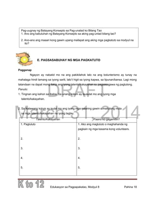 DRAFT
March 31, 2014
Edukasyon sa Pagpapakatao, Modyul 8 Pahina 18
Pag-uugnay ng Batayang Konsepto sa Pag-unalad ko Bilang Tao
1. Ano ang kabuluhan ng Batayang Konsepto sa aking pag-unlad bilang tao?
2. Ano-ano ang maaari kong gawin upang mailapat ang aking mga pagkatuto sa modyul na
ito?
E. PAGSASABUHAY NG MGA PAGKATUTO
Pagganap
Ngayon ay nabatid mo na ang pakikilahok lalo na ang bolunterismo ay tunay na
mahalaga hindi lamang sa iyong sarili, lalo’t higit sa iyong kapwa, sa lipunan/bansa. Lagi mong
tatandaan na dapat mong ilakip ang iyong talento/kakayahan sa pagsasagawa ng pagtulong.
Panuto:
1. Tingnan ang kahon sa ibaba. Sa unang kolum ay isusulat mo ang iyong mga
talento/kakayahan.
2. Sa ikalawang kolum ay isulat mo ang iyong mga maaring gawin o maitulong mula
sa mga talento/kakayahan na iyong taglay.
Talento/Kakayahan Paano ko gagamitin?
1. Pagluluto
2.
3.
4.
5.
1. Ako ang magluluto o maghahanda ng
pagkain ng mga kasama kong volunteers.
2.
3.
4.
5.
 