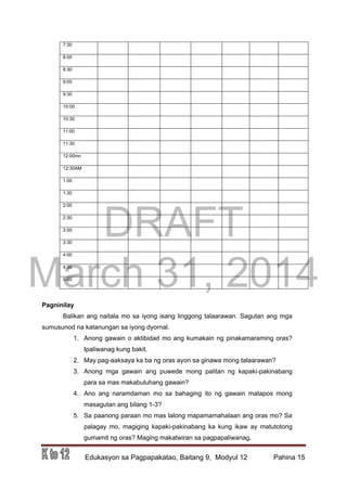 DRAFT
March 31, 2014
Edukasyon sa Pagpapakatao, Baitang 9, Modyul 12 Pahina 15
7:30
8:00
8:30
9:00
9:30
10:00
10:30
11:00
11:30
12:00mn
12:30AM
1:00
1:30
2:00
2:30
3:00
3:30
4:00
4:30
5:00
Pagninilay
Balikan ang naitala mo sa iyong isang linggong talaarawan. Sagutan ang mga
sumusunod na katanungan sa iyong dyornal.
1. Anong gawain o aktibidad mo ang kumakain ng pinakamaraming oras?
Ipaliwanag kung bakit.
2. May pag-aaksaya ka ba ng oras ayon sa ginawa mong talaarawan?
3. Anong mga gawain ang puwede mong palitan ng kapaki-pakinabang
para sa mas makabuluhang gawain?
4. Ano ang naramdaman mo sa bahaging ito ng gawain matapos mong
masagutan ang bilang 1-3?
5. Sa paanong paraan mo mas lalong mapamamahalaan ang oras mo? Sa
palagay mo, magiging kapaki-pakinabang ka kung ikaw ay matutotong
gumamit ng oras? Maging makatwiran sa pagpapaliwanag.
 
