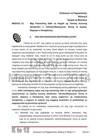 DRAFT
March 31, 2014
Edukasyon sa Pagpapakatao, Baitang 9, Modyul 13 Pahina 1
Edukasyon sa Pagpapakatao
Baitang 9
Ikaapat na Markahan
MODYUL 13: Mga Pansariling Salik sa Pagpili ng Tamang Kursong
Akademiko o Teknikal-Bokasyonal, Sining at Isports,
Negosyo o Hanapbuhay
A. ANO ANG INAASAHANG MAIPAPAMALAS MO?
“Handa ka na ba?” ang malimit na tanong ng taong hinihintay ang iyong
paghahanda sa isang gawain. Madalas ito rin ang linya ng iyong guro bago ang pagsusulit o
di kaya naman, ito ay nasasambit ng isang Game Master sa kanyang contest bago
magsimula ang kompetisyon o laro. Kawili-wiling tanong ngunit nakakagulat kung paano ito
sasagutin nang mabilisan. Ikaw, handa ka na rin bang pumili ng nais mong kurso sa
pagtuntong mo sa Senior High School (Baitang 11 at 12)? Ito na ang huling markahan bago
magtapos ang iyong taon sa Baitang 9, ngunit bago ito mangyari, kailangan mo munang
magpasya at pumili para sa iyong sarili kung ano ang nais mong kuning kurso. Nais mo
bang masagot ang mga tanong na iyan nang sigurado ka at nang walang alinlangan? May
mga dapat bang pagbatayan sa mga pagpili mong ito, o sapat na bang makinig na lamang
at umasa sa mga taong nakapaligid sa iyo? Ang mga tanong iyan ay malinaw na sasagutin
at ipaliliwanag sa iyo ng modyul na ito kasama na ang susunod na tatlo pang bahagi ng
markahang ito. Ang mga kaalaman na makukuha mo rito ang magsisilbing unang hakbang
patungo sa direksyong minimithi mo at ang pangarap ng mga taong sa iyo ay nagtitiwala.
Inaasahang masasagot mo ang mga mahahalagang tanong pagkatapos ng modyul
na ito: Bakit mahalagang tugma ang mga pansariing salik sa mga pangangailangan
(requirements) sa napiling kursong Akademiko, Teknikal-Bokasyonal, Sining at
Isports, Negosyo o Hanapbuhay daan upang magkaroon ng makabuluhang
hanapbuhay o negosyo at matiyak ang pagiging produktibo at pakikibahagi sa
pagpapaunlad ng ekonomiya ng bansa?
Sa modyul na ito, inaasahang maipamamalas mo ang mga sumusunod na
kaalaman, kakayahan at pag-unawa:
13.1 Nakikilala ang mga pagbabago sa kanyang talento, kasanayan, hilig,
pagpapahalaga, katayuang pinansiyal at mithiin (mula Baitang 7) at naiuugnay ang
mga ito sa pipiliing kursong akademiko, teknikal-bokasyonal, sining at isports,
negosyo o hanapbuhay.
 