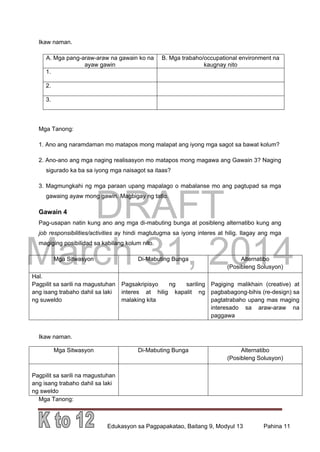 DRAFT
March 31, 2014
Edukasyon sa Pagpapakatao, Baitang 9, Modyul 13 Pahina 11
Ikaw naman.
A. Mga pang-araw-araw na gawain ko na
ayaw gawin
B. Mga trabaho/occupational environment na
kaugnay nito
1.
2.
3.
Mga Tanong:
1. Ano ang naramdaman mo matapos mong malapat ang iyong mga sagot sa bawat kolum?
2. Ano-ano ang mga naging realisasyon mo matapos mong magawa ang Gawain 3? Naging
sigurado ka ba sa iyong mga naisagot sa itaas?
3. Magmungkahi ng mga paraan upang mapalago o mabalanse mo ang pagtupad sa mga
gawaing ayaw mong gawin. Magbigay ng tatlo.
Gawain 4
Pag-usapan natin kung ano ang mga di-mabuting bunga at posibleng alternatibo kung ang
job responsibilities/activities ay hindi magtutugma sa iyong interes at hilig. Ilagay ang mga
magiging posibilidad sa kabilang kolum nito.
Mga Sitwasyon Di-Mabuting Bunga Alternatibo
(Posibleng Solusyon)
Hal.
Pagpilit sa sarili na magustuhan
ang isang trabaho dahil sa laki
ng suweldo
Pagsakripisyo ng sariling
interes at hilig kapalit ng
malaking kita
Pagiging malikhain (creative) at
pagbabagong-bihis (re-design) sa
pagtatrabaho upang mas maging
interesado sa araw-araw na
paggawa
Ikaw naman.
Mga Sitwasyon Di-Mabuting Bunga Alternatibo
(Posibleng Solusyon)
Pagpilit sa sarili na magustuhan
ang isang trabaho dahil sa laki
ng sweldo
Mga Tanong:
 