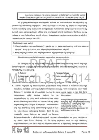 DRAFT
March 31, 2014
Edukasyon sa Pagpapakatao, Baitang 9, Modyul 13 Pahina 14
Illustrations:
Isang batang naging masaya sa
kanyang mga pinagkakaabalahang
interes mula sa kanyang mga
natuklasang taelnto.. hal.,
pagguhit, pagsulat, pagsayaw at
pakikisalamuha sa iba.
Sa yugtong kinalalagyan mo ngayon, mainam na matutuhan mo na ang buhay ay
binubuo ng maraming pagpipilian. Lahat ng bagay sa mundo ay dapat na pag-isipang
mabuti. Kahit ang taong ayaw pumili o magpasya o makialam sa isang bagay o sitwasyon ay
pumipili pa rin sa isang aksyon o kilos: ang hindi pagpili o hindi pakikialam. Dahil ang tao ay
malaya at may kakayahang pumili, siya ay inaasahang maging mapanagutan sa piniling
pasya at maging masaya para dito.
Manahimik sumandali at maglaan ng panahon sa pagsagot dito.
Sa bahaging ito ng modyul, pagtuunan mo naman nang malaking pansin ang mga
pansariling salik sa pagpili ng tamang kursong akademiko o teknikal-bokasyonal, negosyo o
hanapbuhay ayon sa iyong:
1. Talento 4. Pagpapahalaga
2. Kasanayan (skills) 5. Katayuang pinansiyal
3. Hilig 6. Mithiin
Basahin at unawain ang mga ito sa tulong at gabay ng iyong guro sa EsP Baitang 9.
1. Talento. Paglipas ng dalawang taon, pagkatapos mong masuri at malaman ang mga
resulta na lumabas sa iyong Multiple Intelligences Survey Form noong ikaw pa ay nasa
Baitang 7, lumabas ba at napalago mo ba ito nang buong husay o mas lalo itong
nadagdagan dahil naging malaya ka sa
pagpapahayag ng iyong sarili sa kursong nais mong
kunin? Naibahagi mo rin ba ito sa iba tulad ng iyong
mga kamag-aral, kaibigan at kapatid? Tandaan mo na
ang mga talento ay isang pambihirang biyaya at likas
na kakayahang kailangang tuklasin dahil ito ang
magsisilbi mong batayan sa pagpili ng tamang
kursong akademiko o teknikal-bokasyonal, negosyo o hanapbuhay sa iyong pagtatapos
ng Junior High School (Baitang 10). Sa iyong pagsusuri mula sa mga talentong
napaunlad mo na, alin pa sa mga ito ang natuklasan mo at ngayon ay napagtutuunan mo
Ang isang kabataan na nais ng kalayaan ay kailangan na maikintal sa isip
ang kaniyang kapangyarihan na gamitin sa tama at mabuti ang kaniyang pagpili.
Repleksiyon para sa iyo!
1. Kung babalikan mo ang Baitang 7, pareho pa rin kaya ang kursong pinili mo noon sa
ngayon? Kung iyon pa rin, ano ang naging batayan mo sa pagpili?
2. Kung nagbago naman, ano ang mga dahilan ng pagbabago ng iyong isip?
 