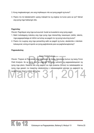 DRAFT
March 31, 2014
Edukasyon sa Pagpapakatao, Baitang 9, Modyul 13 Pahina 25
3. Kung magkasalungat, ano ang implikasyon nito sa iyong pagpili ng kurso?
4. Paano mo ito babalansehin upang makapili ka ng angkop na kurso para sa iyo? Ilahad
ang iyong mga hakbangin dito.
Pagninilay
Panuto: Pagnilayan ang mga sumusunod. Isulat sa kuwaderno ang iyong sagot.
1. Bakit mahalagang matukoy ang mga iyong mga interes/hilig, kasanayan (skills), talento,
mga pagpapahalaga at mithiin sa buhay sa pagpili mo ng iyong kukuning kurso?
2. Paano mo iuugnay ang mga pansariling salik sa pagpili ng kurso, akademiko o teknikal-
bokasyonal, sining at isports sa iyong paghahanda para sa paghahanapbuhay?
Pagsasabuhay
Force Field Analysis
Panuto: Tingnan at Pag-aralan ang halimbawa sa ibaba. Subukang bumuo ng isang Force
Field Analysis. Ito ay isang tool sa paglutas ng isang suliranin ng pagsasakatuparan ng
iyong mga plano. Kasama dito ang pagsuri sa mga puwersa (forces) na nakakaapekto sa
iyong mga gawain na maaaring nakatutulong o nakasasagabal patungo sa pagkamit ng
iyong Career Goal o mithiin sa buhay.
 