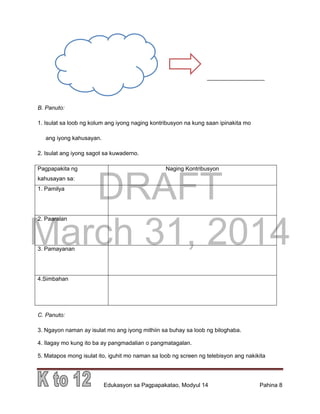 DRAFT
March 31, 2014
Edukasyon sa Pagpapakatao, Modyul 14 Pahina 8
__________________
B. Panuto:
1. Isulat sa loob ng kolum ang iyong naging kontribusyon na kung saan ipinakita mo
ang iyong kahusayan.
2. Isulat ang iyong sagot sa kuwaderno.
Pagpapakita ng
kahusayan sa:
Naging Kontribusyon
1. Pamilya
2. Paaralan
3. Pamayanan
4.Simbahan
C. Panuto:
3. Ngayon naman ay isulat mo ang iyong mithiin sa buhay sa loob ng biloghaba.
4. Ilagay mo kung ito ba ay pangmadalian o pangmatagalan.
5. Matapos mong isulat ito, iguhit mo naman sa loob ng screen ng telebisyon ang nakikita
 