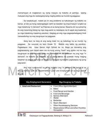 DRAFT
March 31, 2014
Edukasyon sa Pagpapakatao, Baitang 9, Modyul 15 Pahina 9
mamamayan at magkaroon ng isang maayos na trabaho at pamilya.. Upang
matupad ang mga ito, kailangang kang maging aktibo sa mundo ng paggawa.
Sa kasalukuyan, malaki pa rin ang problema sa kakulangan ng trabaho sa
bansa, at lalo pa itong nadaragdagan dahil sa kawalan ng impormasyon tungkol sa
mga trabahong “in demand” sa Filipinas at sa ibang bansa. Kasama din sa suliraning
ito ang maraming bilang ng mga mag-aaral na nakatapos na di sapat ang kaalaman
sa mga trabahong maaaring pasukan; idagdag pa ang mga pagpapahalagang hindi
naisasabuhay na may kaugnayan sa paggawa.
Ilang taon na lang at ang isang tulad mo ay kabahagi na sa mundo ng
paggawa. Sa susunod na taon Grade 10. Mabilis ang takbo ng panahon.
Pagkatapos nito nasa Senior High School ka na. Bago pa dumating ang
pagkakataong iyan dapat alam mo na kung anong “track” ang pipiliin mo na may
kaugnayan sa mga kursong gusto mo. Mahalaga rin na malaman mo ang mga “in
demand” na trabaho sa Filipinas at sa ibang bansa na puwede mong maging
basehan sa pagpili ng kurso at magkaroon kaagad ng trabaho pagkatapos ng iyong
pag-aaral.
Ang mga sumusunod na uri ng trabaho ang “in demand” sa bansa at sa
buong mundo, ayon sa Department of Labor and Employment at sa mga search
engine:
Key Employment Generators Mga Kaugnay na Trabaho
I. Hotel and Restaurant a. Front Office Agent/Attendant
b. Baker
c. Food Server and Handler
d. Food and Beverage
e. Service Attendant
f. Waiter
g. Bartender
h. Room Attendant
i. Other Housekeeping Services
j. Reservations Officer and other Frontline
Occupation
 