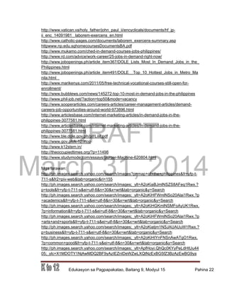DRAFT
March 31, 2014
Edukasyon sa Pagpapakatao, Baitang 9, Modyul 15 Pahina 22
http://www.vatican.va/holy_father/john_paul_ii/encyclicals/documents/hf_jp-
ii_enc_14091981_ laborem-exercens_en.html
http://www.catholic-pages.com/documents/laborem_exercens-summary.asp
httpwww.np.edu.sghomecoursesDocumentsBA.pdf
http://www.mukamo.com/ched-in-demand-courses-jobs-philippines/
http://www.rd.com/advice/work-career/25-jobs-in-demand-right-now/
http://www.jobopenings.ph/article_item367/DOLE_Lists_Most_In_Demand_Jobs_in_the_
Philippines.html
http://www.jobopenings.ph/article_item491/DOLE__Top_10_Hottest_Jobs_in_Metro_Ma
nila.html
http://www.marikenya.com/2011/05/free-technical-vocational-courses-still-open-for-
enrollment/
http://www.bubblews.com/news/145272-top-10-most-in-demand-jobs-in-the-philippines
http://www.phil-job.net/?action=top50&mode=vacancy
http://www.sooperarticles.com/careers-articles/career-management-articles/demand-
careers-job-opportunities-around-world-973896.html
http://www.articlesbase.com/internet-marketing-articles/in-demand-jobs-in-the-
philippines-3077581.html
http://www.articlesbase.com/internet-marketing-articles/in-demand-jobs-in-the-
philippines-3077581.html
http://www.ble.dole.gov.ph/pjf/List.pdf
http://www.gov.ph/k-12/#top
http://www.k12stem.in/
http://theoccupiedtimes.org/?p=11498
http://www.studymode.com/essays/Burger-Machine-620804.html
Mga larawan:
http://ph.images.search.yahoo.com/search/images?p=map+of+the+philippines&fr=yfp-t-
711-s&fr2=piv-web&tab=organic&ri=155
http://ph.images.search.yahoo.com/search/images;_ylt=A2oKiaBJmlNSZS8AFeq1Rwx.?
p=tools&fr=yfp-t-711-s&ei=utf-8&n=30&x=wrt&tab=organic&y=Search
http://ph.images.search.yahoo.com/search/images;_ylt=A2oKiHFWmlNSo20Alai1Rwx.?p
=academics&fr=yfp-t-711-s&ei=utf-8&n=30&x=wrt&tab=organic&y=Search
http://ph.images.search.yahoo.com/search/images;_ylt=A2oKiHGKmlNSMFoAyUK1Rwx.
?p=information&fr=yfp-t-711-s&ei=utf-8&n=30&x=wrt&tab=organic&y=Search
http://ph.images.search.yahoo.com/search/images;_ylt=A2oKiHFWmlNSo20Alai1Rwx.?p
=arts+and+sports&fr=yfp-t-711-s&ei=utf-8&n=30&x=wrt&tab=organic&y=Search
http://ph.images.search.yahoo.com/search/images;_ylt=A2oKiatjm1NSJAUAUuW1Rwx.?
p=business&fr=yfp-t-711-s&ei=utf-8&n=30&x=wrt&tab=organic&y=Search
http://ph.images.search.yahoo.com/search/images;_ylt=A2oKiHIYnFNSnAwATgO1Rwx.
?p=common+good&fr=yfp-t-711-s&ei=utf-8&n=30&x=wrt&tab=organic&y=Search
http://ph.images.search.yahoo.com/search/images;_ylt=ApfHoyi.QhQc0KYyPeLdHtUu44
05;_ylc=X1MDOTY1NjAwMDQ2BF9yAzIEZnIDeWZwLXQtNzExBG5fZ3BzAzEwBG9ya
 