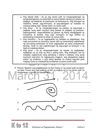 DRAFT
March 31, 2014
Edukasyon sa Pagpapakatao, Modyul 1 Pahina 4
a. Ang steady state – ito ay ang career path na nangangailangan ng
panghabangbuhay na pananatili sa isang trabaho lamang at patuloy na
paglago ng kaalaman at kasanayan sa karerang ito. Ang larangan ng
medisina, dental, pag-iinhinyero, at pag-aabogado ay madalas na
matukoy bilang mga “steady state” na career path.
b. Ang linear – ito ay nangangahulugan ng patuloy na pag-angat o
pagtaas, kung saan mayroon ding patuloy na pagtaas ng posisyon,
kapangyarihan, responsibilidad sa gawain ng ibang manggagawa sa
kumpanya at kinikita. Ang mga managers at mga politiko ay
karaniwang tumatahak sa linear na career path.
c. Ang transitory – ito ay nagpapakita ng madalas na pagbabago. Ang
mga sumusunod sa transitory career path ay karaniwang naghahanap
ng sari-saring karanasan at hindi nagpapatali sa isang pinapasukan
lamang. Hindi rin sila naghahangad ng pag-angat sa posisyon o ng
higit na malaking kikitain.
d. Ang spiral – ito ay nangangahulugan ng regular na pagbabago,
kadalasan ay sa loob ng lima o pitong taon. Ang direksyon nito ay
madalas nagsisimula nang pahalang o lateral o pababa. Ang isang
business executive na nagpasyang magturo, ang abogadong naging
duktor ng medisina, o ang isang dentista na muling nag-aral para
maging nurse ay masasabing tumatahak sa spiral career path.
D. Panuto: Basahin ang paglalarawan sa iba’t ibang uri ng career path sa kahon
sa itaas. Punan ang mga patlang ng titik ng angkop na uri ng career path na
isinalarawan o iginuhit sa bawat bilang.
1.
2.
3.
4.
 