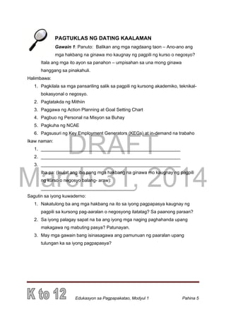 DRAFT
March 31, 2014
Edukasyon sa Pagpapakatao, Modyul 1 Pahina 5
PAGTUKLAS NG DATING KAALAMAN
Gawain 1: Panuto: Balikan ang mga nagdaang taon – Ano-ano ang
mga hakbang na ginawa mo kaugnay ng pagpili ng kurso o negosyo?
Itala ang mga ito ayon sa panahon – umpisahan sa una mong ginawa
hanggang sa pinakahuli.
Halimbawa:
1. Pagkilala sa mga pansariling salik sa pagpili ng kursong akademiko, teknikal-
bokasyonal o negosyo.
2. Pagtatakda ng Mithiin
3. Paggawa ng Action Planning at Goal Setting Chart
4. Pagbuo ng Personal na Misyon sa Buhay
5. Pagkuha ng NCAE
6. Pagsusuri ng Key Employment Generators (KEGs) at in-demand na trabaho
Ikaw naman:
1. _______________________________________________________
2. _______________________________________________________
3. _______________________________________________________
Iba pa: (Isulat ang iba pang mga hakbang na ginawa mo kaugnay ng pagpili
ng kurso o negosyo balang- araw):
_____________________________________
Sagutin sa iyong kuwaderno:
1. Nakatulong ba ang mga hakbang na ito sa iyong pagpapasya kaugnay ng
pagpili sa kursong pag-aaralan o negosyong itatatag? Sa paanong paraan?
2. Sa iyong palagay sapat na ba ang iyong mga naging paghahanda upang
makagawa ng mabuting pasya? Patunayan.
3. May mga gawain bang isinasagawa ang pamunuan ng paaralan upang
tulungan ka sa iyong pagpapasya?
 