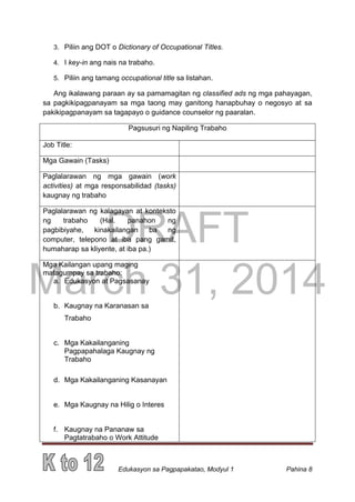 DRAFT
March 31, 2014
Edukasyon sa Pagpapakatao, Modyul 1 Pahina 8
3. Piliin ang DOT o Dictionary of Occupational Titles.
4. I key-in ang nais na trabaho.
5. Piliin ang tamang occupational title sa listahan.
Ang ikalawang paraan ay sa pamamagitan ng classified ads ng mga pahayagan,
sa pagkikipagpanayam sa mga taong may ganitong hanapbuhay o negosyo at sa
pakikipagpanayam sa tagapayo o guidance counselor ng paaralan.
Pagsusuri ng Napiling Trabaho
Job Title:
Mga Gawain (Tasks)
Paglalarawan ng mga gawain (work
activities) at mga responsabilidad (tasks)
kaugnay ng trabaho
Paglalarawan ng kalagayan at konteksto
ng trabaho (Hal. panahon ng
pagbibiyahe, kinakailangan ba ng
computer, telepono at iba pang gamit,
humaharap sa kliyente, at iba pa.)
Mga Kailangan upang maging
matagumpay sa trabaho:
a. Edukasyon at Pagsasanay
b. Kaugnay na Karanasan sa
Trabaho
c. Mga Kakailanganing
Pagpapahalaga Kaugnay ng
Trabaho
d. Mga Kakailanganing Kasanayan
e. Mga Kaugnay na Hilig o Interes
f. Kaugnay na Pananaw sa
Pagtatrabaho o Work Attitude
 
