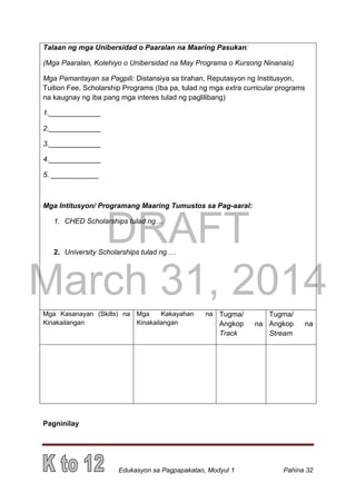 DRAFT
March 31, 2014
Edukasyon sa Pagpapakatao, Modyul 1 Pahina 32
Talaan ng mga Unibersidad o Paaralan na Maaring Pasukan:
(Mga Paaralan, Kolehiyo o Unibersidad na May Programa o Kursong Ninanais)
Mga Pamantayan sa Pagpili: Distansiya sa tirahan, Reputasyon ng Institusyon,
Tuition Fee, Scholarship Programs (Iba pa, tulad ng mga extra curricular programs
na kaugnay ng iba pang mga interes tulad ng paglilibang)
1._____________
2._____________
3._____________
4._____________
5. ____________
Mga Intitusyon/ Programang Maaring Tumustos sa Pag-aaral:
1. CHED Scholarships tulad ng…
2. University Scholarships tulad ng …
Mga Kasanayan (Skills) na
Kinakailangan
Mga Kakayahan na
Kinakailangan
Tugma/
Angkop na
Track
Tugma/
Angkop na
Stream
Pagninilay
 