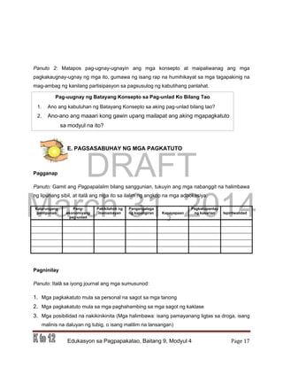 DRAFT
March 31, 2014
Edukasyon sa Pagpapakatao, Baitang 9, Modyul 4 Page 17
Panuto 2: Matapos pag-ugnay-ugnayin ang mga konsepto at maipaliwanag ang mga
pagkakaugnay-ugnay ng mga ito, gumawa ng isang rap na humihikayat sa mga tagapakinig na
mag-ambag ng kanilang partisipasyon sa pagsusulog ng kabutihang panlahat.
E. PAGSASABUHAY NG MGA PAGKATUTO
Pagganap
Panuto: Gamit ang Pagpapalalim bilang sanggunian, tukuyin ang mga nabanggit na halimbawa
ng lipunang sibil, at italâ ang mga ito sa ilalim ng angkop na mga adbokasiya:
Katarungang
panlipunan
Pang-
ekonomiyang
pag-unlad
Pakikilahok ng
mamamayan
Pangangalaga
ng kapaligiran Kapayapaan
Pagkakapantay
ng kasarian Ispiritwalidad
Pagninilay
Panuto: Italâ sa iyong journal ang mga sumusunod:
1. Mga pagkakatuto mula sa personal na sagot sa mga tanong
2. Mga pagkakatuto mula sa mga paghahambing sa mga sagot ng kaklase
3. Mga posibilidad na nakikinikinita (Mga halimbawa: isang pamayanang ligtas sa droga, isang
malinis na daluyan ng tubig, o isang malilim na lansangan)
Pag-uugnay ng Batayang Konsepto sa Pag-unlad Ko Bilang Tao
1. Ano ang kabuluhan ng Batayang Konsepto sa aking pag-unlad bilang tao?
2. Ano-ano ang maaari kong gawin upang mailapat ang aking mgapagkatuto
sa modyul na ito?
 