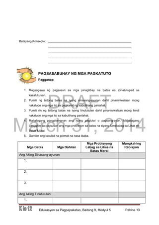 DRAFT
March 31, 2014
Edukasyon sa Pagpapakatao, Baitang 9, Modyul 5 Pahina 13
Batayang Konsepto: ___________________________________________________
___________________________________________________
___________________________________________________
___________________________________________________
___________________________________________________
PAGSASABUHAY NG MGA PAGKATUTO
Pagganap
1. Magsagawa ng pagsusuri sa mga pinagtibay na batas na ipinatutupad sa
kasalukuyan.
2. Pumili ng tatlong batas na iyong sinasang-ayunan dahil pinaniniwalaan mong
nakatuon ang mga ito sa pagkamit ng kabutihang panlahat.
3. Pumili rin ng tatlong batas na iyong tinututulan dahil pinaniniwalaan mong hindi
nakatuon ang mga ito sa kabutihang panlahat.
4. Mahalagang pangatwiranan ang iyong pagtutol o pagsang-ayon. Mahalagang
banggitin sa pagsusuri ang mga probisyon sa batas na siyang lumalabag sa Likas na
Batas Moral.
5. Gamitin ang katulad na pormat na nasa ibaba.
Mga Batas Mga Dahilan
Mga Probisyong
Labag sa Likas na
Batas Moral
Mungkahing
Rebisyon
Ang Aking Sinasang-ayunan
1.
2.
3.
Ang Aking Tinututulan
1.
 