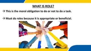 This is the moral obligation to do or not to do a task.
Must do roles because it is appropriate or beneficial.
WHAT IS ROLE?
 