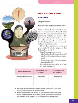 pro y e cto 6

PARA COMENZAR
Sesión 1
¡Preparémonos!
Revisemos los medios de información
Como miembros de una comunidad, ustedes son responsables del desarrollo de la
misma. Por tanto, necesitan involucrarse
activamente y adoptar una posición sobre
diversos acontecimientos locales, nacionales e internacionales que pueden afectarlos. En otras palabras, es su responsabilidad mantenerse informados.
Día con día, escuchamos o leemos una
gran variedad de noticias. ¿Alguna de ellas
ha llamado su atención?
•	 Organicen equipos y comenten:
-- ¿Qué medios de información conocen?
-- ¿Qué tipo de noticias les llaman la atención?
-- Si les interesa saber más sobre una noticia, ¿qué hacen?
•	 Concentren sus comentarios en un cuadro como el siguiente.
Medios de información

Tipo de noticias que
les interesa

¿Qué hacer para saber
más sobre ellas?

www.lasnotasdehoy.com.mx

Espectáculos

Leer periódicos

•	 En grupo, a partir de las coincidencias que encuentren entre ustedes, delimiten un tema de interés común.
•	 Con la información que tengan en este momento, sugieran algún
hecho relevante en los ámbitos nacional o internacional para buscar información al respecto en los medios y darle seguimiento.

109

 