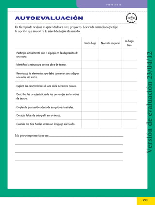 proyecto 13

AUTOEVALUACIÓN
Es tiempo de revisar lo aprendido en este proyecto. Lee cada enunciado y elige
la opción que muestra tu nivel de logro alcanzado.

Necesito mejorar

Participo activamente con el equipo en la adaptación de
una obra.
Identifico la estructura de una obra de teatro.
Reconozco los elementos que debo conservar para adaptar
una obra de teatro.
Explico las características de una obra de teatro clásico.
Describo las características de los personajes en las obras
de teatro.
Empleo la puntuación adecuada en guiones teatrales.
Detecto faltas de ortografía en un texto.
Cuando me toca hablar, utilizo un lenguaje adecuado.

Me propongo mejorar en: ______________________________________________________
_______________________________________________________________________________
_______________________________________________________________________________

Lo hago
bien

Versión de evaluación 23/04/12

No lo hago

_______________________________________________________________________________

253

 