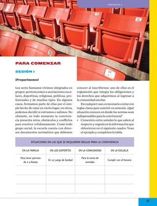 proyecto 3

PARA COMENZAR
Sesión 1
¡Preparémonos!
Los seres humanos vivimos integrados en
grupos: pertenecemos a asociaciones escolares, deportivas, religiosas, políticas, profesionales y de muchos tipos. En algunos
casos, formamos parte de ellas por el simple hecho de estar en cierto lugar; en otros,
podemos decidir si entramos o salimos. No
obstante, en todo momento la convivencia presenta retos, obstáculos y conflictos
para resolver cotidianamente. Como todo
grupo social, la escuela cuenta con diversos documentos normativos que debemos

conocer al inscribirnos: uno de ellos es el
reglamento que integra las obligaciones y
los derechos que adquirimos al ingresar a
la comunidad escolar.
En cualquier caso, es necesario contar con
reglas claras para convivir en armonía. ¿Qué
situación conocen en donde las normas sean
indispensables para la convivencia?
•	 Comenten entre ustedes lo que saben al
respecto y organicen la información que
obtuvieron en el siguiente cuadro. Vean
el ejemplo y completen la tabla.

SITUACIONES EN LAS QUE SE REQUIEREN REGLAS PARA LA CONVIVENCIA
EN LA FAMILIA

EN LOS DEPORTES

EN LA COMUNIDAD

EN LA ESCUELA

Para tener permiso
de ir a fiestas

En un juego de beisbol

Para la venta de
animales

Cumplir con el horario

47

 