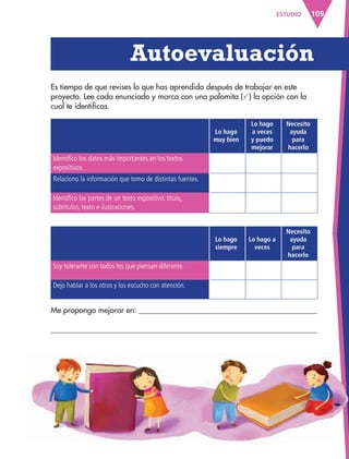 109ESTUDIO
Lo hago
muy bien
Lo hago
a veces
y puedo
mejorar
Necesito
ayuda
para
hacerlo
Identifico los datos más importantes en los textos
expositivos.
Relaciono la información que tomo de distintas fuentes.
Identifico las partes de un texto expositivo: título,
subtítulos, texto e ilustraciones.
Lo hago
siempre
Lo hago a
veces
Necesito
ayuda
para
hacerlo
Soy tolerante con todos los que piensan diferente.
Dejo hablar a los otros y los escucho con atención.
Es tiempo de que revises lo que has aprendido después de trabajar en este
proyecto. Lee cada enunciado y marca con una palomita () la opción con la
cual te identificas.
Autoevaluación
Me propongo mejorar en:
AB-ESP-4-P-001-160.indd 109 25/11/11 13:51
 