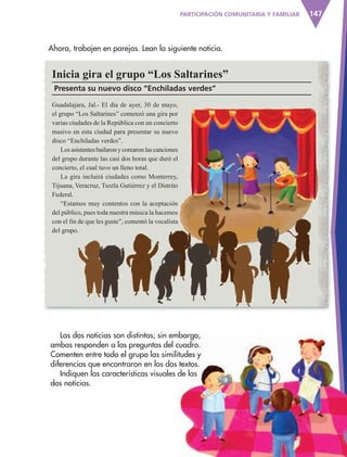 147
Inicia gira el grupo “Los Saltarines”
Presenta su nuevo disco “Enchiladas verdes”
Ahora, trabajen en parejas. Lean la siguiente noticia.
Guadalajara, Jal.- El día de ayer, 30 de mayo,
el grupo “Los Saltarines” comenzó una gira por
varias ciudades de la República con un concierto
masivo en esta ciudad para presentar su nuevo
disco “Enchiladas verdes”.
Losasistentesbailaronycorearonlascanciones
del grupo durante las casi dos horas que duró el
concierto, el cual tuvo un lleno total.
La gira incluirá ciudades como Monterrey,
Tijuana, Veracruz, Tuxtla Gutiérrez y el Distrito
Federal.
“Estamos muy contentos con la aceptación
del público, pues toda nuestra música la hacemos
con el fin de que les guste”, comentó la vocalista
del grupo.
Las dos noticias son distintas; sin embargo,
ambas responden a las preguntas del cuadro.
Comenten entre todo el grupo las similitudes y
diferencias que encontraron en los dos textos.
Indiquen las características visuales de las
dos noticias.
PARTICIPACIÓN COMUNITARIA Y FAMILIAR
AB-ESP-4-P-001-160.indd 147 25/11/11 13:52
 