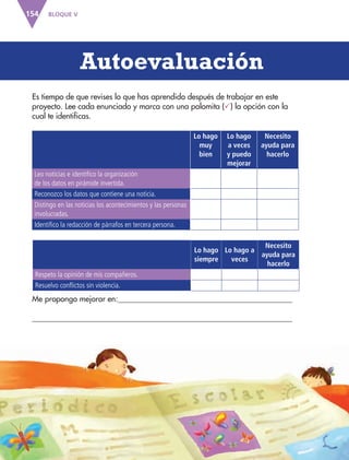 BLOQUE V154
Es tiempo de que revises lo que has aprendido después de trabajar en este
proyecto. Lee cada enunciado y marca con una palomita () la opción con la
cual te identificas.
Lo hago
muy
bien
Lo hago
a veces
y puedo
mejorar
Necesito
ayuda para
hacerlo
Leo noticias e identifico la organización
de los datos en pirámide invertida.
Reconozco los datos que contiene una noticia.
Distingo en las noticias los acontecimientos y las personas
involucradas.
Identifico la redacción de párrafos en tercera persona.
Autoevaluación
Me propongo mejorar en:
Lo hago
siempre
Lo hago a
veces
Necesito
ayuda para
hacerlo
Respeto la opinión de mis compañeros.
Resuelvo conflictos sin violencia.
AB-ESP-4-P-001-160.indd 154 25/11/11 13:52
 