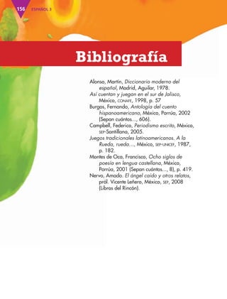 ESPAÑOL 3156
Bibliografía
Alonso, Martín, Diccionario moderno del
español, Madrid, Aguilar, 1978.
Así cuentan y juegan en el sur de Jalisco,
México, cONAFE, 1998, p. 57
Burgos, Fernando, Antología del cuento
hispanoamericano, México, Porrúa, 2002
(Sepan cuántos..., 606).
Campbell, Federico, Periodismo escrito, México,
SEp-Santillana, 2005.
Juegos tradicionales latinoamericanos. A la
Rueda, rueda…, México, SEp-uNIcEF, 1987,
p. 182.
Montes de Oca, Francisco, Ocho siglos de
poesía en lengua castellana, México,
Porrúa, 2001 (Sepan cuántos..., 8), p. 419.
Nervo, Amado. El ángel caído y otros relatos,
pról. Vicente Leñero, México, SEp, 2008
(Libros del Rincón).
AB-ESP-4-P-001-160.indd 156 25/11/11 13:52
 