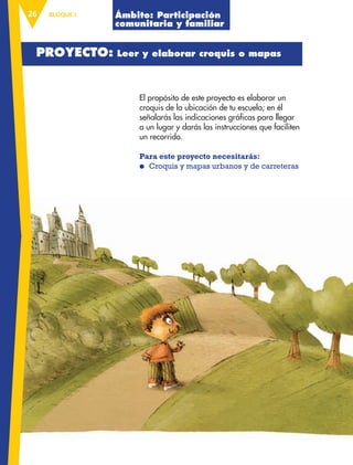 BLOQUE I26
El propósito de este proyecto es elaborar un
croquis de la ubicación de tu escuela; en él
señalarás las indicaciones gráficas para llegar
a un lugar y darás las instrucciones que faciliten
un recorrido.
Para este proyecto necesitarás:
● Croquis y mapas urbanos y de carreteras
PROYECTO: Leer y elaborar croquis o mapas
Ámbito: Participación
comunitaria y familiar
AB-ESP-4-P-001-160.indd 26 25/11/11 13:50
 