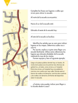 BLOQUE I28
Completa las frases con lugares o calles que
sirvan para ubicar tu escuela:
Al norte de la escuela se encuentra:
Hacia el sur de la escuela está:
Ubicado al oeste de la escuela hay:
Al este de la escuela se localiza:
Identifica las señales que se usan para indicar
lugares en los mapas. Determina cuáles vas a
usar tú.
Por escrito, explica a Lupita cómo llegar a tu
escuela fácilmente. Utiliza como referencias los
lugares que ubicaste alrededor de la escuela
mediante la rosa de los vientos.
Formen equipos y lean el siguiente ejemplo:
Llega a la plaza pública donde hay un kiosko. Al
norte de la plaza se encuentran las oficinas de
gobierno y, al este, unos arcos y un hospital.
Entre los arcos y el hospital hay una paletería;
camina una cuadra por esa calle. Donde está el
banco da vuelta a la derecha, camina dos cuadras
y da vuelta a la derecha. Enfrente del deportivo
está mi escuela.
¿Cuántas rutas puedes indicar para llegar a
tu escuela desde tu casa?
CALLEPRINCIPAL
CALLEPRINCIPAL
CALLEPRINCIPAL
CALLE No. 1
CALLE No. 2
CALLE No. 3
ESCUELA
PARQUE
CALLENo.4
CALLENo.5
CALLENo.6
CALLENo.7
AB-ESP-4-P-001-160.indd 28 25/11/11 13:50
 