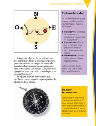 29PARTICIPACIÓN COMUNITARIA Y FAMILIAR
Balneario
uerto
Campamento
Zoológico
Cuatepec
Rosarito
Carranza
Manzuala
Montesinos
Seleccionen algunas de las instrucciones
que escribieron. Elijan a algunos compañeros
para que realicen un croquis de su escuela
basado en las instrucciones que redactaron.
¿Las instrucciones son claras? ¿Qué elementos
agregarían para que Lupita pueda llegar a su
escuela fácilmente?
En equipo, lean las instrucciones que
escribieron otros compañeros para precisar la
ubicación de su escuela.
Fichero del saber
Los señalamientos que puedes
observar en calles, carreteras,
algunos croquis o mapas se
clasifican en:
● Restrictivos. Conductas
no permitidas: no
estacionarse, no dar vuelta,
no cruzar, etcétera.
● Preventivos.Advierten
que es necesario tener
precaución: presencia
de ciclistas, grava suelta,
ganado.
● Informativos.Aportan
datos: servicios médicos,
lugares turísticos.
Elabora una ficha donde
ilustres cada uno de estos
tipos de señalamientos.
N
O
S
E
Un dato
interesante
La brújula es un instrumento
que sirve para orientarse. Su
aguja siempre señala hacia el
Norte. Si giras la brújula hasta
que apunte hacia la N, sabrás
dónde quedan los otros puntos
cardinales.
AB-ESP-4-P-001-160.indd 29 25/11/11 13:50
 