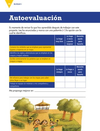 34 BLOQUE I
Lo hago
muy bien
Lo hago
a veces
y puedo
mejorar
Necesito
ayuda
para
hacerlo
Conozco los símbolos que se emplean para representar
lugares y trayectos en un mapa.
Identifico las siglas y abreviaturas que se emplean en los
croquis y mapas urbanos.
Escribo correctamente las palabras que se emplean en
croquis o mapas.
Autoevaluación
Es momento de revisar lo que has aprendido después de trabajar con este
proyecto. Lee los enunciados y marca con una palomita (ü) la opción con la
cual te identificas.
Lo hago
siempre
Lo hago a
veces
Necesito
ayuda
para
hacerlo
Me esfuerzo para trabajar con los mapas para saber
cómo llegar a un lugar.
Trabajo en equipo sin molestar a mis compañeros y
compañeras.
Me propongo mejorar en:
AB-ESP-4-P-001-160.indd 34 25/11/11 13:50
 