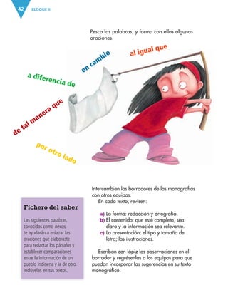 BLOQUE II42
Intercambien los borradores de las monografías
con otros equipos.
En cada texto, revisen:
a) La forma: redacción y ortografía.
b) El contenido: que esté completo, sea
claro y la información sea relevante.
c) La presentación: el tipo y tamaño de
letra; las ilustraciones.
Escriban con lápiz las observaciones en el
borrador y regrésenlas a los equipos para que
puedan incorporar las sugerencias en su texto
monográfico.
en cambio
por otro lado
a diferencia de
al igual que
de tal manera que
Fichero del saber
Las siguientes palabras,
conocidas como nexos,
te ayudarán a enlazar las
oraciones que elaboraste
para redactar los párrafos y
establecer comparaciones
entre la información de un
pueblo indígena y la de otro.
Inclúyelas en tus textos.
Pesca las palabras, y forma con ellas algunas
oraciones.
AB-ESP-4-P-001-160.indd 42 25/11/11 13:50
 