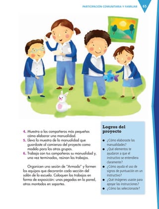 65PARTICIPACIÓN COMUNITARIA Y FAMILIAR
Logros del
proyecto
● ¿Cómo elaboraste las
manualidades?
● ¿Qué elementos te
ayudaron a que el
instructivo se entendiera
claramente?
● ¿Cómo ayuda el uso de
signos de puntuación en un
instructivo?
● ¿Qué imágenes usaste para
apoyar las instrucciones?
● ¿Cómo las seleccionaste?
4. Muestra a los compañeros más pequeños
cómo elaborar una manualidad.
5. Lleva la muestra de la manualidad que
guardaste al comienzo del proyecto como
modelo para los otros grupos.
6. Trabaja con tus compañeros su manualidad y,
una vez terminadas, reúnan los trabajos.
Organicen una sesión de “Armado” y formen
los equipos que decorarán cada sección del
salón de la escuela. Coloquen los trabajos en
forma de exposición: unos pegados en la pared,
otros montados en soportes.
AB-ESP-4-P-001-160.indd 65 25/11/11 13:51
 