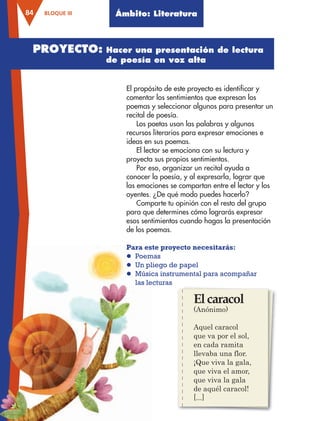 BLOQUE III84 Ámbito: Literatura
El propósito de este proyecto es identificar y
comentar los sentimientos que expresan los
poemas y seleccionar algunos para presentar un
recital de poesía.
Los poetas usan las palabras y algunos
recursos literarios para expresar emociones e
ideas en sus poemas.
El lector se emociona con su lectura y
proyecta sus propios sentimientos.
Por eso, organizar un recital ayuda a
conocer la poesía, y al expresarla, lograr que
las emociones se compartan entre el lector y los
oyentes. ¿De qué modo puedes hacerlo?
Comparte tu opinión con el resto del grupo
para que determines cómo lograrás expresar
esos sentimientos cuando hagas la presentación
de los poemas.
Para este proyecto necesitarás:
l Poemas
l Un pliego de papel
l Música instrumental para acompañar
las lecturas
Elcaracol
(Anónimo)
Aquel caracol
que va por el sol,
en cada ramita
llevaba una flor.
¡Que viva la gala,
que viva el amor,
que viva la gala
de aquél caracol!
[...]
PROYECTO: Hacer una presentación de lectura
de poesía en voz alta
AB-ESP-4-P-001-160.indd 84 25/11/11 13:51
 