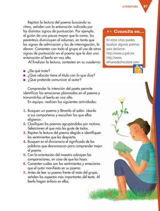 87LITERATURA
Repitan la lectura del poema buscando su
ritmo, señalen con la entonación indicada por
los distintos signos de puntuación. Por ejemplo,
el guión da una pausa mayor que la coma, los
paréntesis disminuyen el volumen, en tanto que
los signos de admiración y los de interrogación, lo
elevan. Comenten con todo el grupo el uso de otros
signos de puntuación en el poema que le dan una
entonación al leerlo en voz alta.
Al finalizar la lectura, contesten en su cuaderno:
■ ¿De qué trata?
■ ¿Qué relación tiene el título con lo que dice?
■ ¿Qué pretende comunicar el autor?
Comprender la intención del poeta permite
identificar las emociones plasmadas en el poema y
transmitirlas al leerlo en voz alta.
En equipo, realicen las siguientes actividades:
1. Busquen un poema y llévenlo al salón. Léanlo
a sus compañeros y escuchen los que ellos
eligieron.
2. Clasifiquen los poemas agrupándolos por motivos.
Seleccionen el que más les guste de todos.
3. Repitan la lectura del poema elegido e identifiquen
los sentimientos que les despierta.
4. Busquen en el diccionario el significado de las
palabras que desconozcan para comprender mejor
el poema.
5. Con la orientación del maestro subrayen las
comparaciones, en caso de que las haya.
6. Comenten cuáles son los sentimientos y emociones
que el autor manifiesta en su poema.
7. Antes de leer su poema frente al resto del grupo,
señalen los aspectos más importantes del texto. Al
leerlo hagan énfasis en ellos.
Consulta en…
En estos sitios puedes
localizar algunos poemas
para declamar.
http://www.a.gob.mx
http://www.
elhuevodechocolate.com/elhuevodechocolate.com/
AB-ESP-4-P-001-160.indd 87 25/11/11 13:51
 